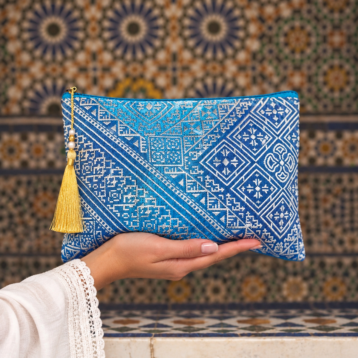 Azure Imperial Clutch – Handmade Moroccan Brocade Bag